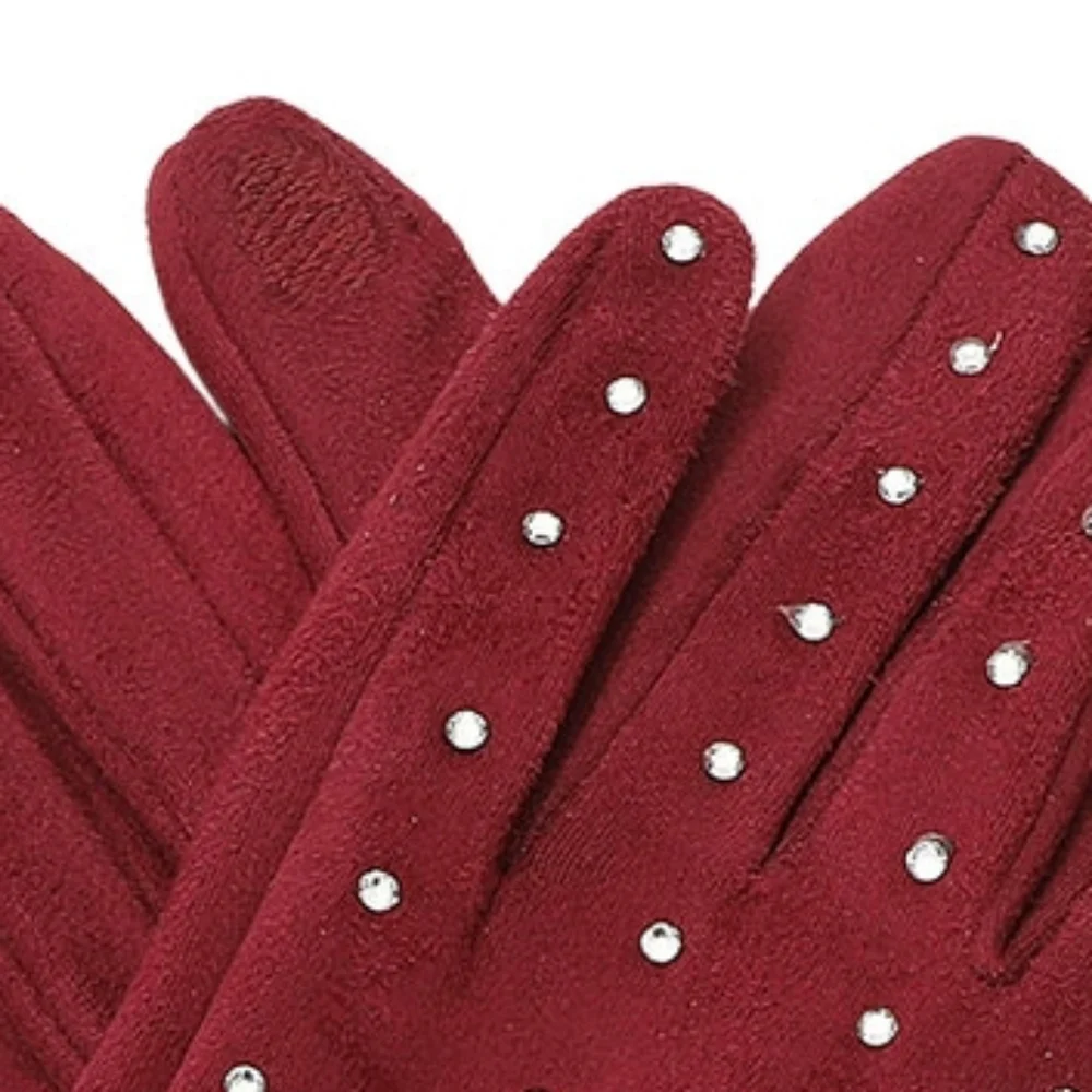 Burgundy Rhinestone Smart Touch Fur Gloves Cute Statement Accessories Trendy Red